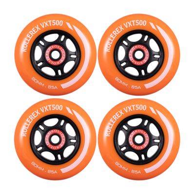 Rollerex VXT500 Inline Skate Wheels  4-Pack (Optional Bearings, Spacers and Washers) - Durable Replacement Roller Blade Wheels for Indoor & Outdoor Skating (80mm, Sunrise Orange)