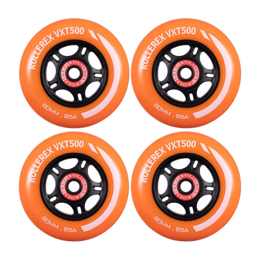 Rollerex VXT500 Inline Skate Wheels 4-Pack (Optional Bearings, Spacers and Washers) - Durable Replacement Roller Blade Wheels for Indoor & Outdoor Skating (80mm, Sunrise Orange)