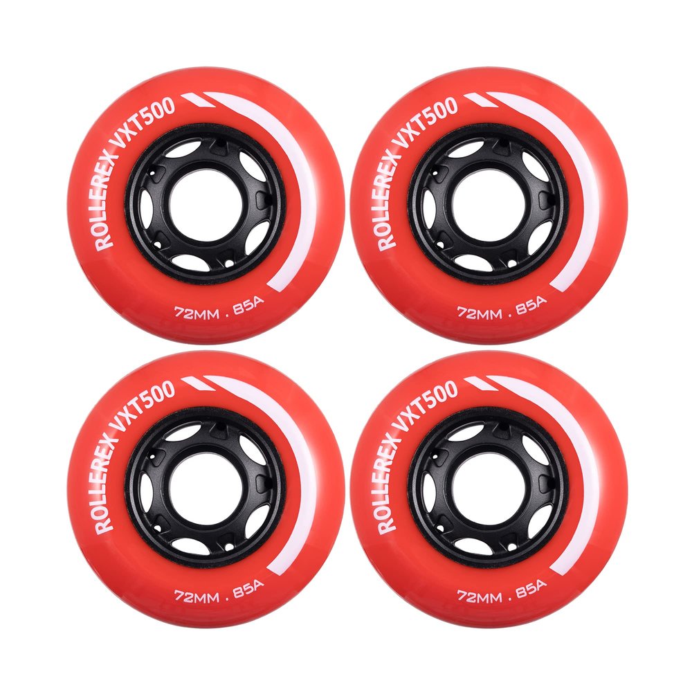 Rollerex VXT500 Inline Skate Wheels 4-Pack (Optional Bearings, Spacers and Washers) - Durable Replacement Roller Blade Wheels for Indoor & Outdoor Skating (72mm, Rocket Red)