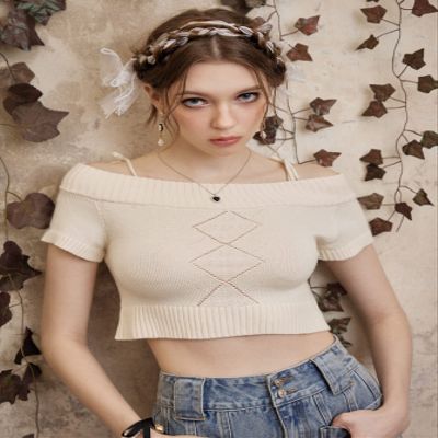 AIEBO Women's Shirts Women's Tops Shirts for Women Solid Cold Shoulder Knit Top (Color : Apricot, Size : Small)