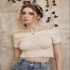 AIEBO Women's Shirts Women's Tops Shirts for Women Solid Cold Shoulder Knit Top (Color : Apricot, Size : Small) view 3