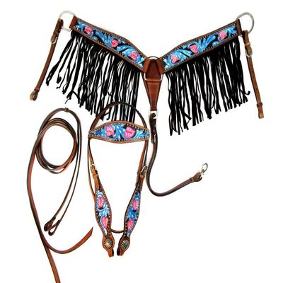 Western Horse Headstall Bridle Breast Collar Tack Set Leather Floral Tooled Handmade Full Cob Pony Breastplate ME-HBC-030A (Full)