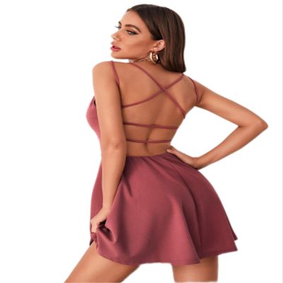 2023 Women's Dresses Crisscross Open Back Fit and Flare Dress Women's Dresses (Color : Dusty Pink, Size : Small)