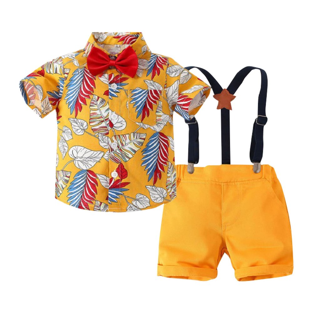 Boys Clothes Set Children's Short Sleeved Leaf Pattern Children's Overalls Two Piece Set Baby Boys' (Yellow, 5-6 Years)