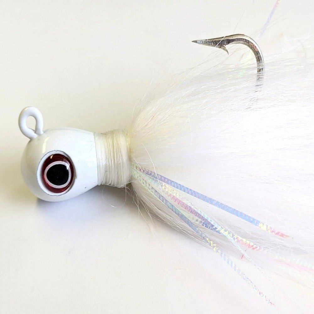 5 Big Eye Bucktail Jig Head Striper Bass Banjo Grouper Ling Lure - White w/Flash 1/4oz