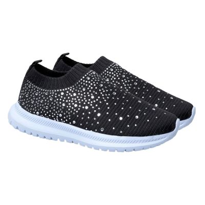 Levemolo Summer Women's Lightweight Shoes Hard-Wearing Sports Shoes Rhinestones and Netting Black