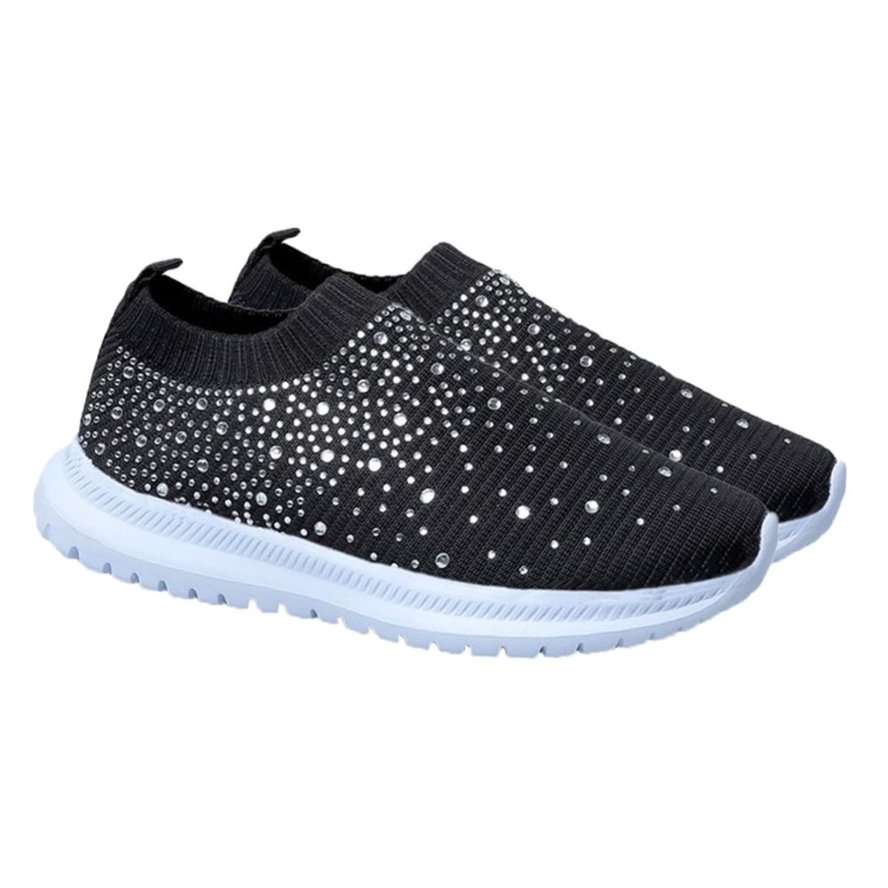 Levemolo Summer Women's Lightweight Shoes Hard-Wearing Sports Shoes Rhinestones and Netting Black