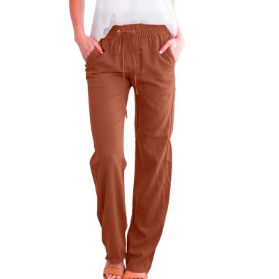 WABEOR Wide Leg Linen Pants for Women Plus Size Elastic Waist Casual Summer Pants Loose Fit Beach Pants Comfy Cotton Trousers