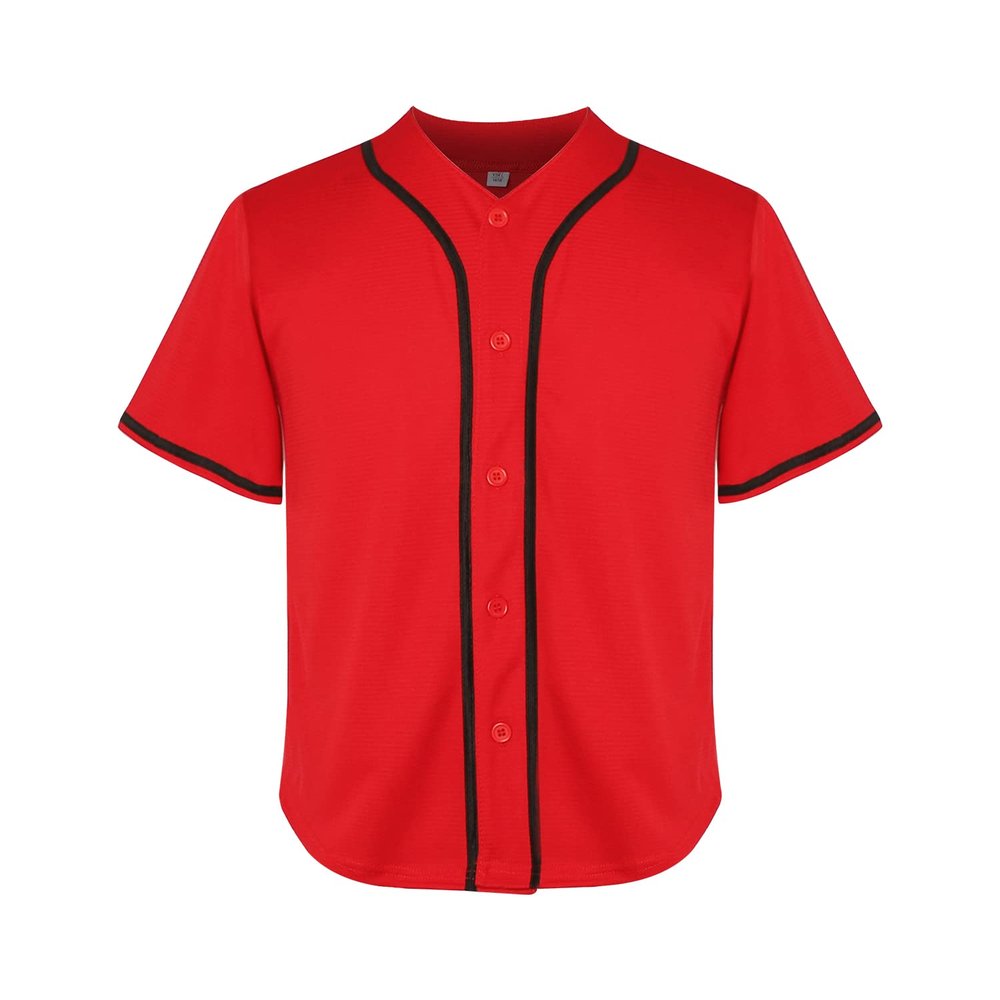 Youth Baseball Jersey Kids Button Down Short Sleeve Solid Color T-Shirt for School, PE, League Team Uniform (Red, M)