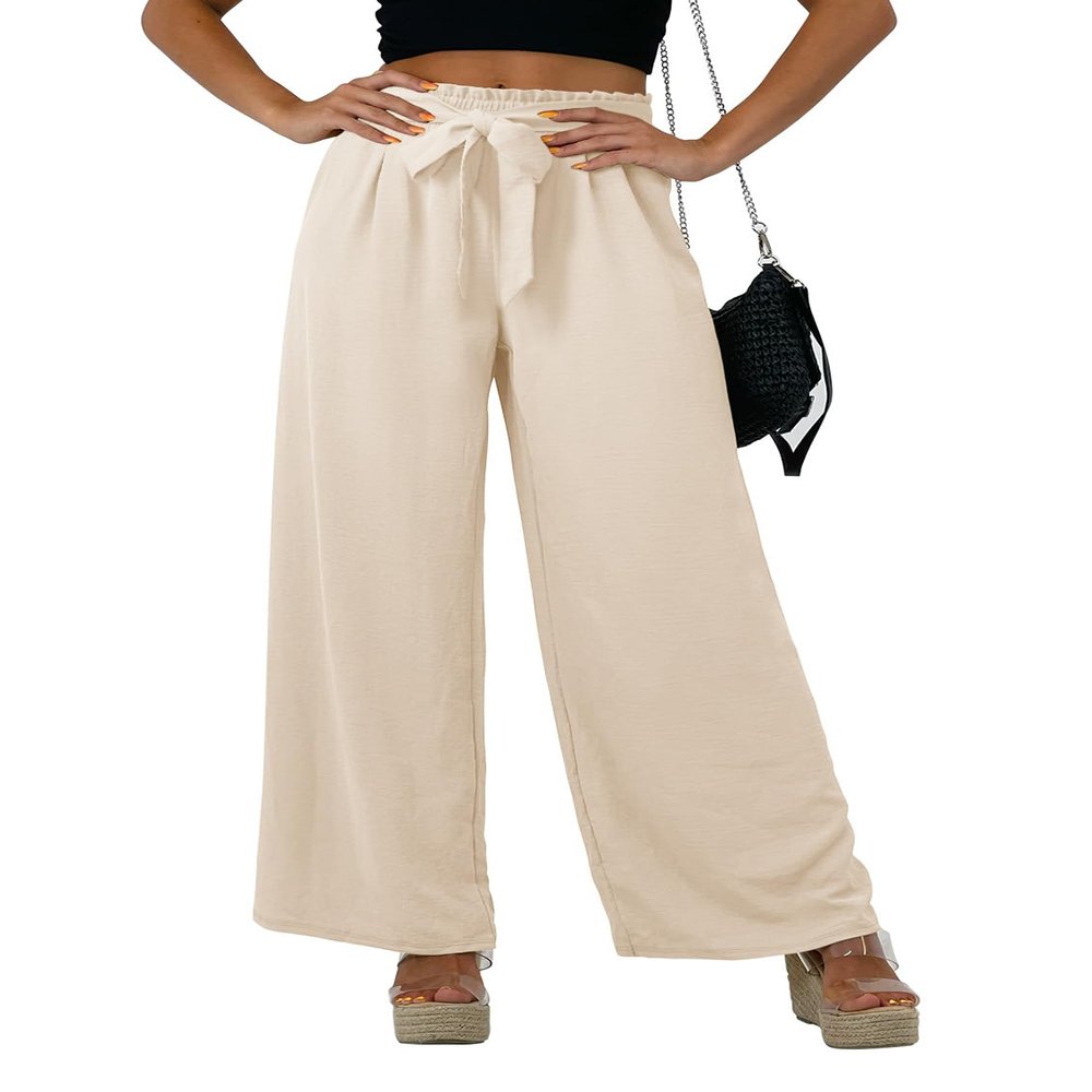 Feiersi Women Casual Wide Leg Pants High Waisted Business Work Casual Pants Loose Flowy Beach Palazzo Pants(Beige,Medium)