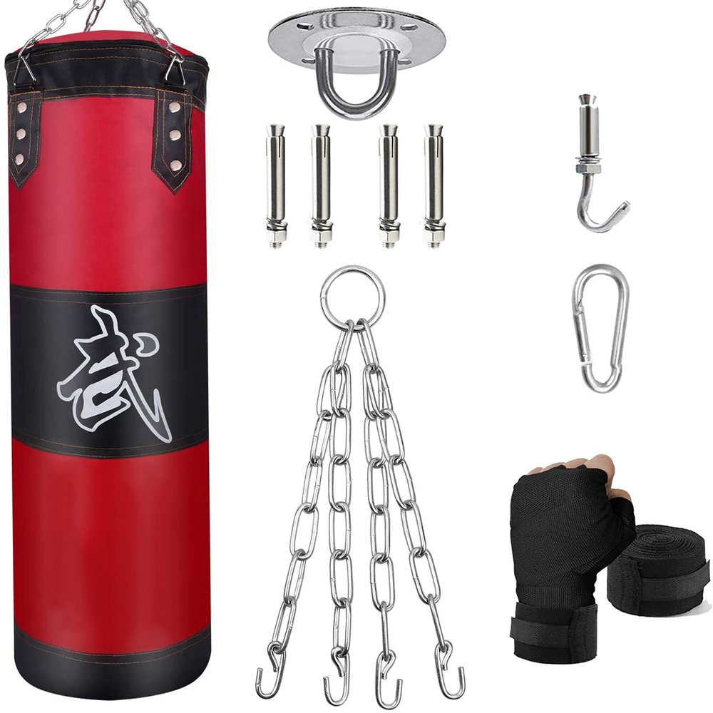 ZERUIDM Hanging Punching Bag for Adults Unfilled, Heavy Boxing Bags Kickboxing Bag, Youth Boxing Set with Hand Wraps, Punching Bag Hangers, for MMA Muay Thai Karate Taekwondo Training