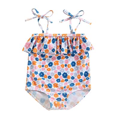 CHAUKAREAUL Baby Swimsuit Girl One Piece Strap Ruffle Sleeveless Flower Print Bikini Swimwear Bathing Suit Summer Beach Wear (Navy Orange, 0-6 Months)