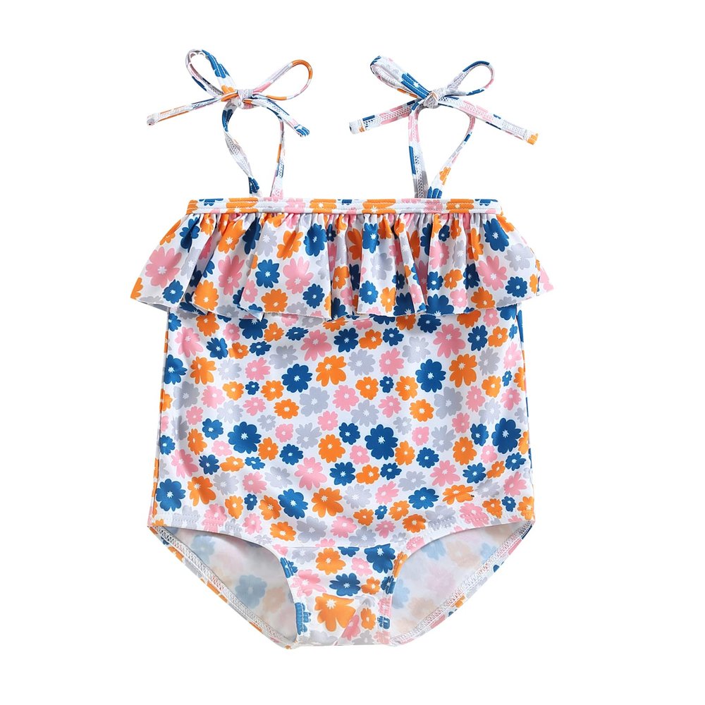 CHAUKAREAUL Baby Swimsuit Girl One Piece Strap Ruffle Sleeveless Flower Print Bikini Swimwear Bathing Suit Summer Beach Wear (Navy Orange, 0-6 Months)