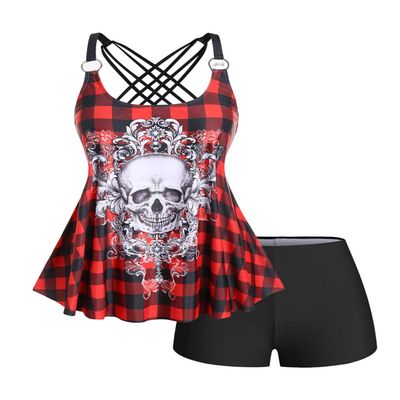 ROSE GAL Womens Plus Size Gothic Skull Plaid Padded Boyleg Strappy Modest Tankini Swimsuit Set(Red_2/L)