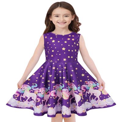 Quedoris Girls Twirly Printed Casual Party Dress Stars Unicorn Sleeveless M