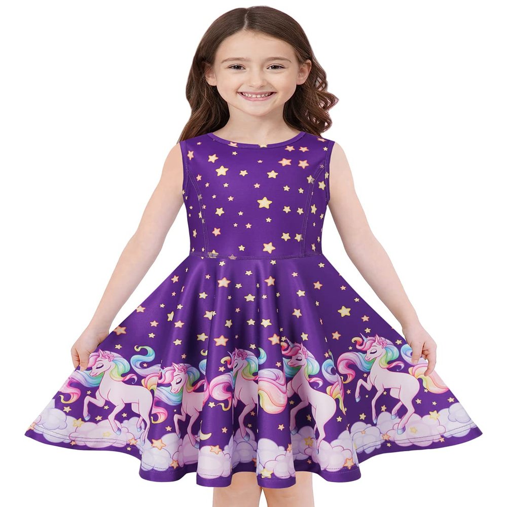 Quedoris Girls Twirly Printed Casual Party Dress Stars Unicorn Sleeveless M