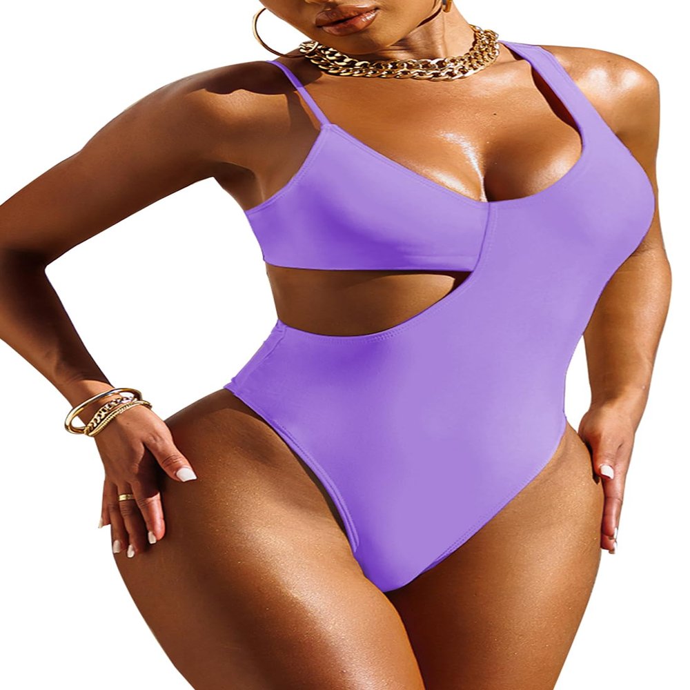 Pink Queen Women's High Cut One Piece Swimsuit Cutout Spaghetti Strap High Leg Monokini Bathing Suit Bikinis Purple S