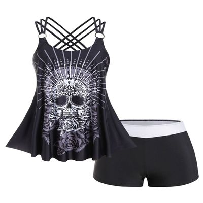 Rosegal Womens Plus Size Modest Skull Rose Print Rings Crisscross Boyshorts Tankini Swimsuit Set(Black_3/3X)
