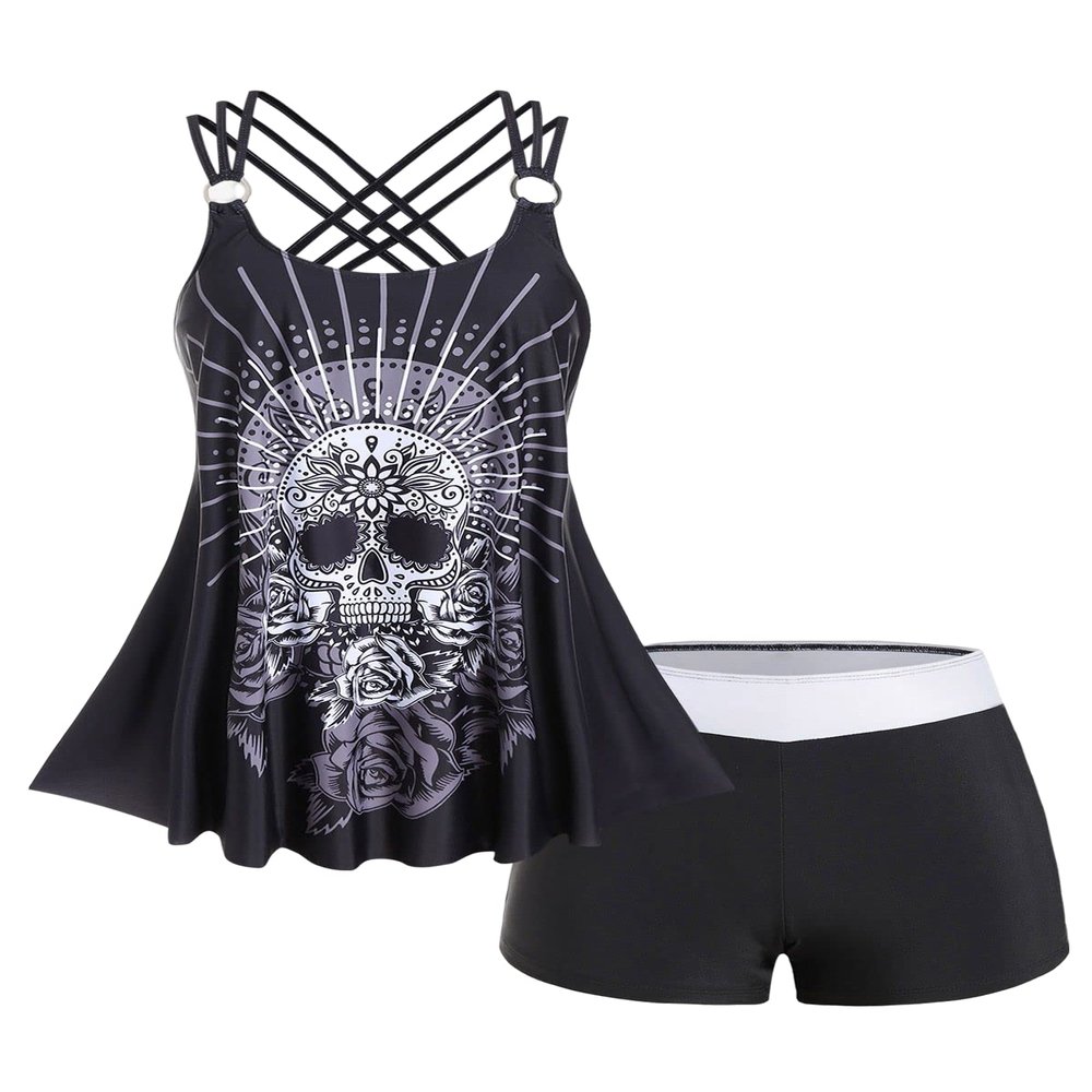 Rosegal Womens Plus Size Modest Skull Rose Print Rings Crisscross Boyshorts Tankini Swimsuit Set(Black_3/3X)