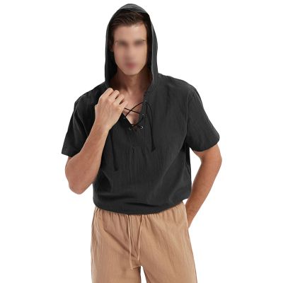 JEsilunmaMY Men's Cotton Linen Hippie Hooded Shirts Short Sleeve V Neck Lace Up Beach Shirt Solid Loose Yoga Henley Shirts (US Size XS Asia S,Black)