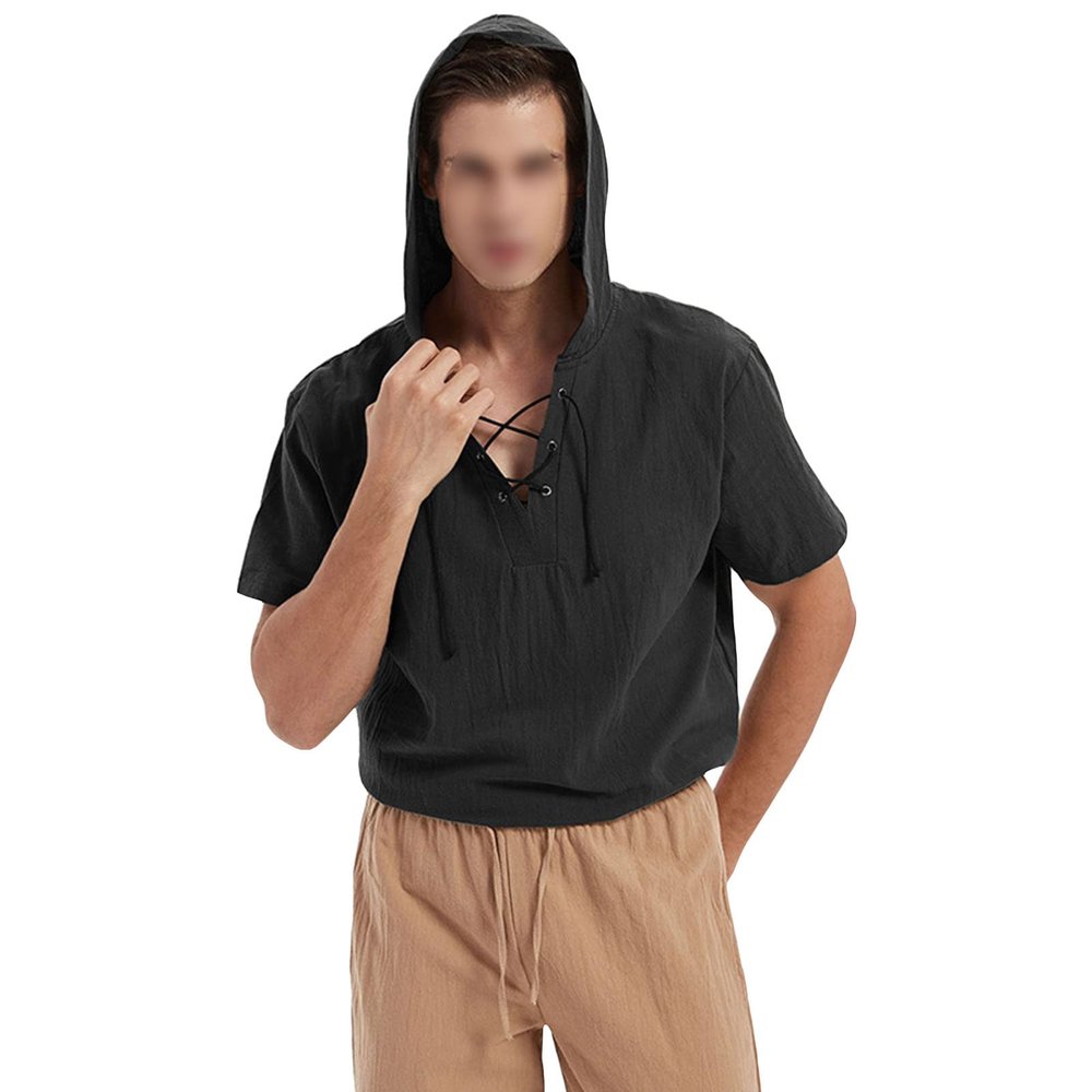 JEsilunmaMY Men's Cotton Linen Hippie Hooded Shirts Short Sleeve V Neck Lace Up Beach Shirt Solid Loose Yoga Henley Shirts (US Size XS Asia S,Black)