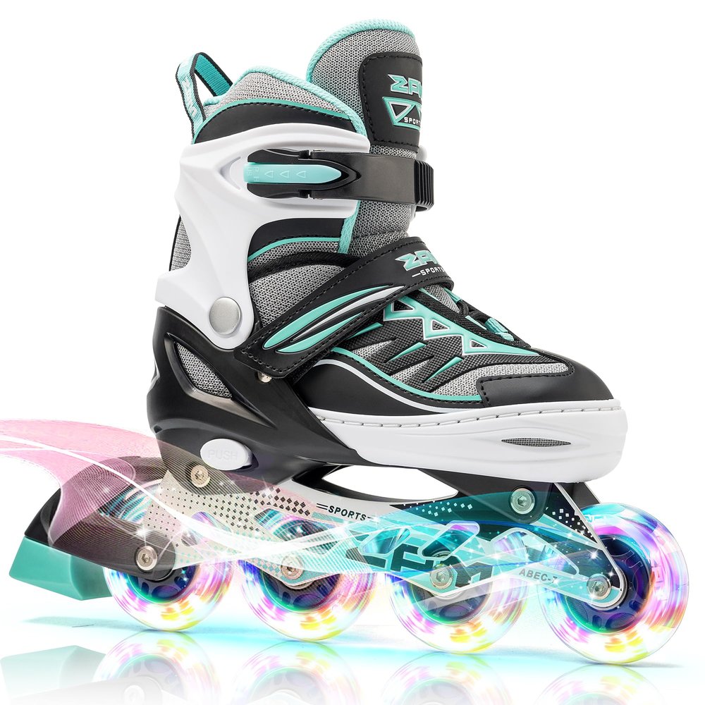 2PM SPORTS Cytia Pink Girls Adjustable Illuminating Inline Skates with Light up Wheels, Fun Flashing Beginner Roller Skates for Kids (Mint, Small - Little Kids (10C-12.5C US))