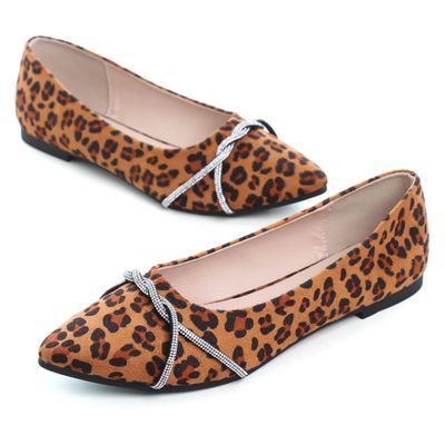 Hee grand Women's Rhinestone Pointed Toe Flats Elegant Crystal Dress Shoes for Wedding,Leopard Brown 7.5