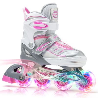 2PM SPORTS Cytia Pink Girls Adjustable Illuminating Inline Skates with Light up Wheels, Fun Flashing Beginner Roller Skates for Kids (Silver, Small - Little Kids (10C-12.5C US))