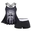 Rosegal Womens Plus Size Modest Skull Rose Print Rings Crisscross Boyshorts Tankini Swimsuit Set(Black_3/M) view 1