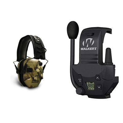 Walker's Game Ear GWP-RSEM-MCC Gear Hearing Protection Plugs,Green Multi Camo & Razor Walkie Talkie Handsfree Communication up to 3 Miles, Black