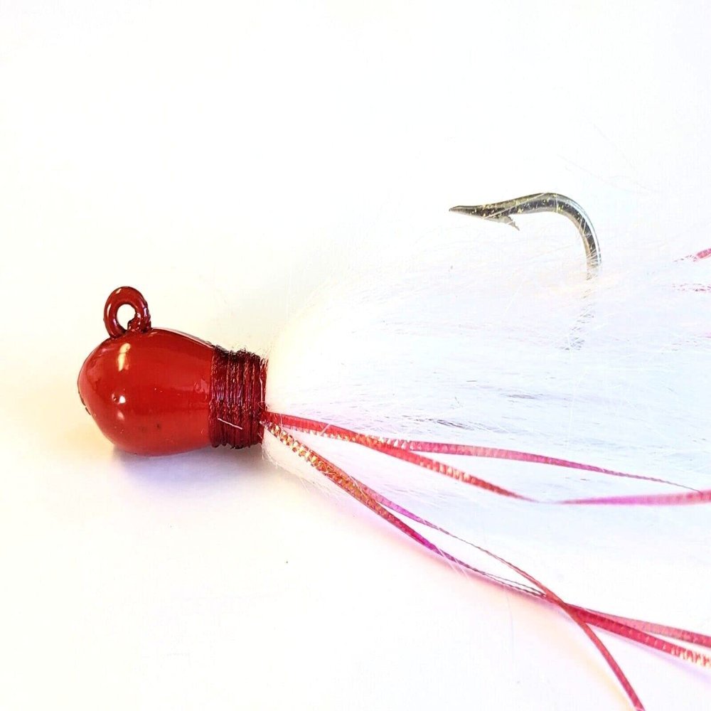 5 Tear Drop Bucktail Jig Head Striper Fluke Trout Red Fish Lure - Red/Wh & Flash 1/4 oz