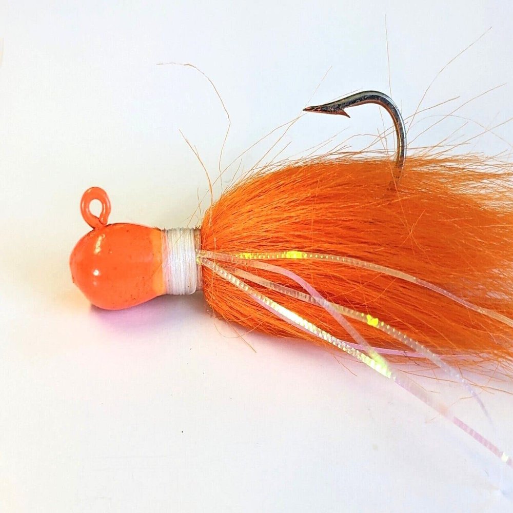 5 Tear Drop Bucktail Jig Head Striper Fluke Trout Red Fish Lure - Orange w/Flash 3/4 oz