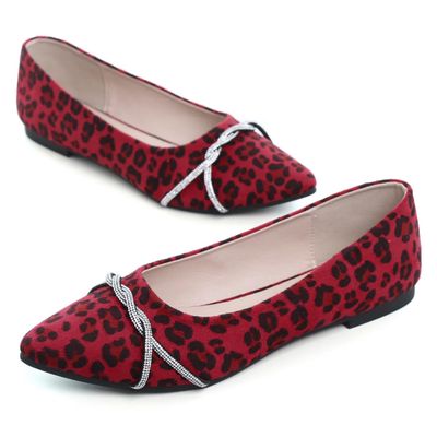 Hee grand Pointed Toe Ballet Flats for Women Suede Rhinestones Chains Dress Shoes Comfort Slip-On Loafers,Leopard Red 10