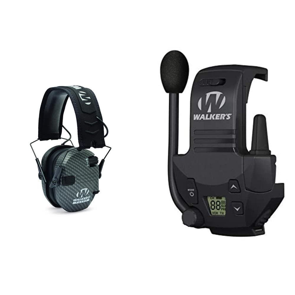 Walker's Game Ear GWP-RSEM-CARB Gear Hearing Plugs and Walker's Razor Walkie Talkie Handsfree Communication Bundle