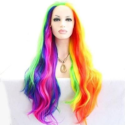 xiweiya Ginger Green Yellow Purple Orange Multi-color Lace Front Wigs Rainbow Mermaid Multi-colored Long Curly Wavy 13x3 Lace Wigs 180% Density Hair Heat Resistant Wig Drag Queen 24inch