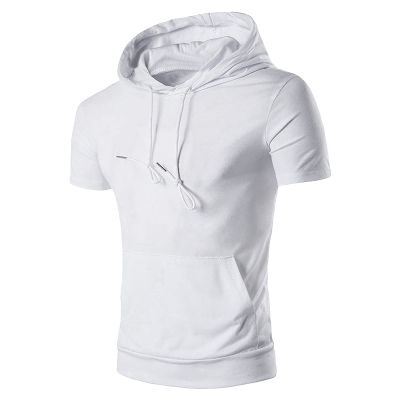 JEsilunmaMY Men's Solid Color Summer Hooded T-Shirt Short Sleeve Slim Hoodie Shirts with Pocket Workout Gym Pullover Tee (US Size XL Asia XXL,White)