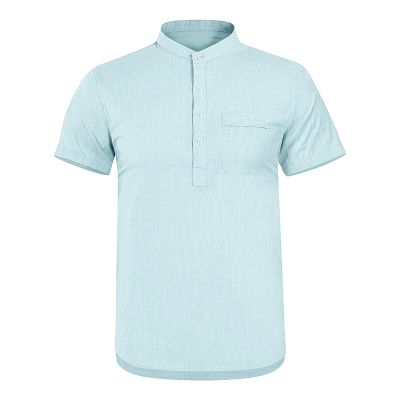 JEsilunmaMY Men's Pocket Cotton Linen Henley T-Shirt Casual Short Sleeve V Neck Beach Tee Shirt Loose Hippie Henley Shirts (US Size 3XL Asia 4XL,Light Blue)