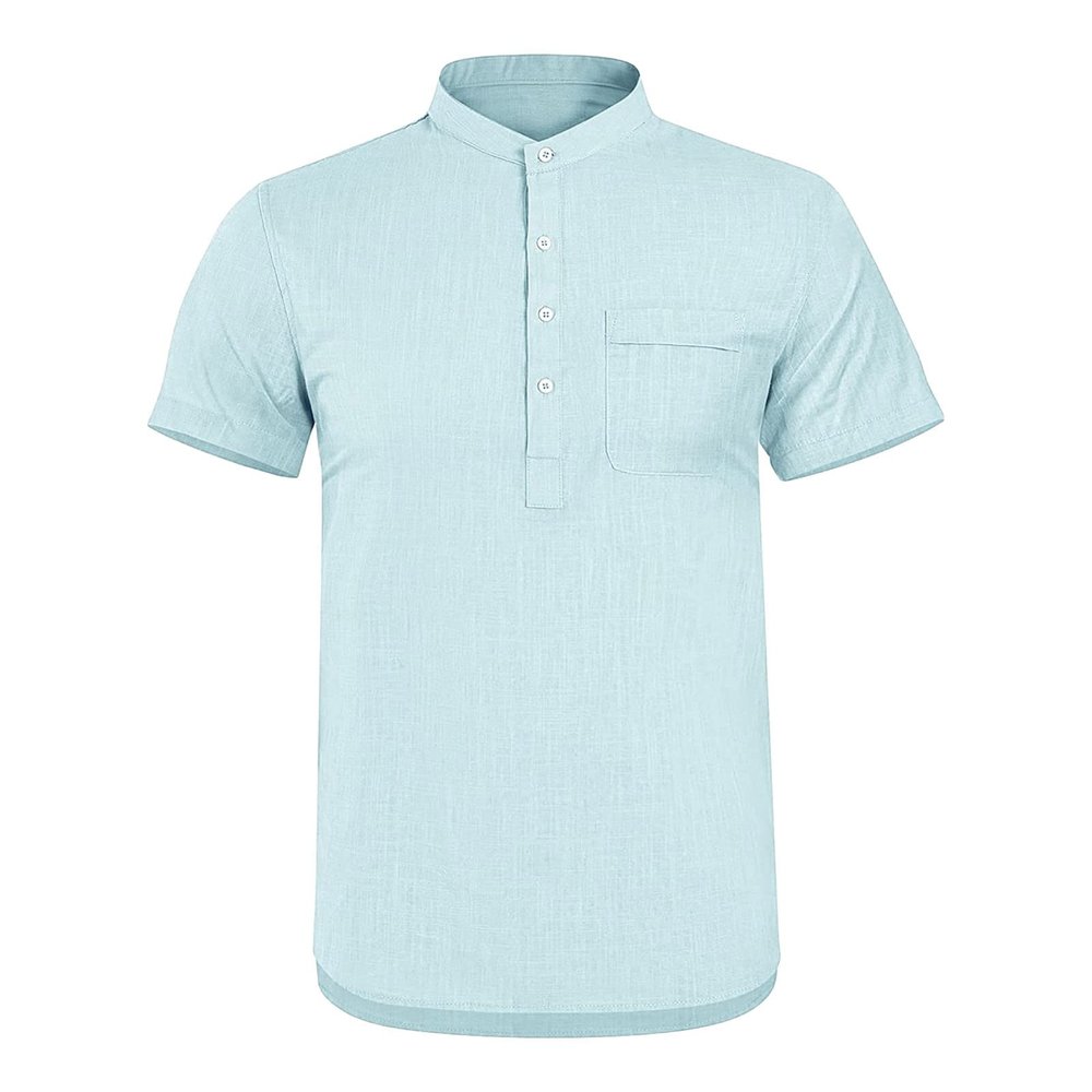 JEsilunmaMY Men's Pocket Cotton Linen Henley T-Shirt Casual Short Sleeve V Neck Beach Tee Shirt Loose Hippie Henley Shirts (US Size 3XL Asia 4XL,Light Blue)