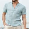 JEsilunmaMY Men's Pocket Cotton Linen Henley T-Shirt Casual Short Sleeve V Neck Beach Tee Shirt Loose Hippie Henley Shirts (US Size 3XL Asia 4XL,Light Blue) view 2