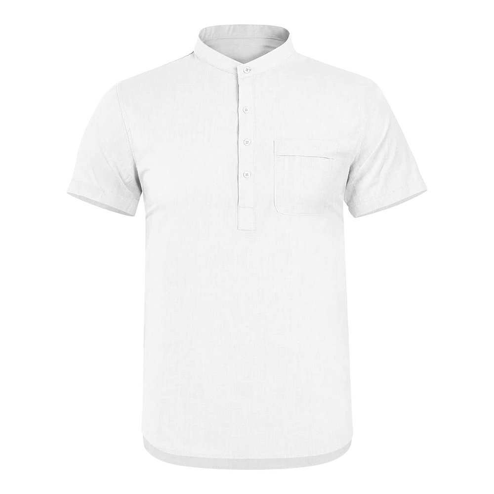 JEsilunmaMY Men's Pocket Cotton Linen Henley T-Shirt Casual Short Sleeve V Neck Beach Tee Shirt Loose Hippie Henley Shirts (US Size XXL Asia 3XL,White)