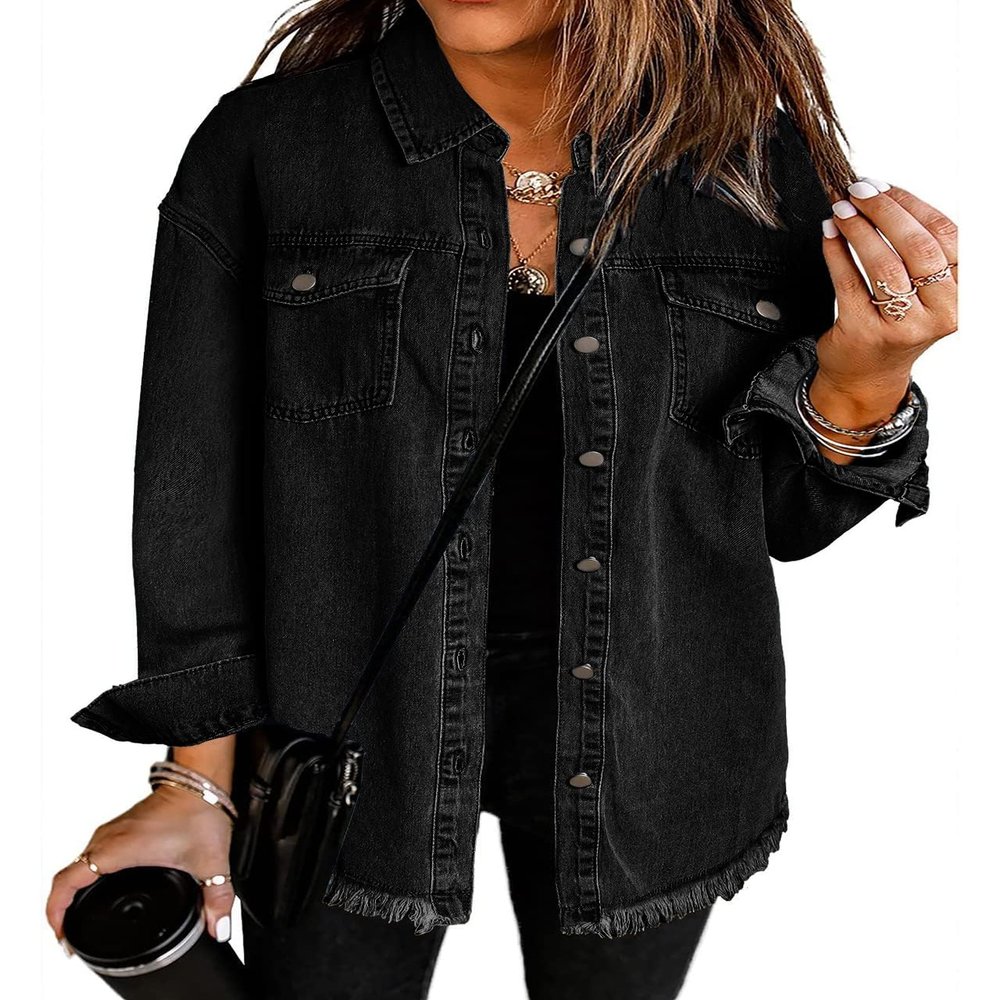 Vetinee Women's Country Outfits for Women Oversized Boyfriend True Black Front Button Up Frayed Raw Hem Long Sleeve Pockets Denim Jean Jacket Shacket Medium Size 8 Size 10