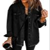 Vetinee Women's Country Outfits for Women Oversized Boyfriend True Black Front Button Up Frayed Raw Hem Long Sleeve Pockets Denim Jean Jacket Shacket Medium Size 8 Size 10 view 1