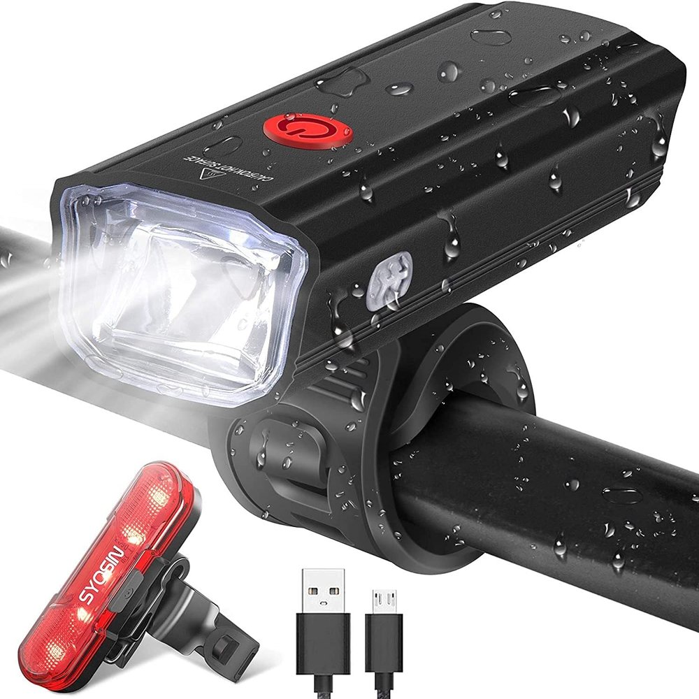 Bike Light, USB Rechargeable Bike Light Set High Lumen Front and Rear Bicycle Safety Lights 5 Modes LED Headlight and Tail Light IPX-6 Waterproof Flashlight with 2 Brackets