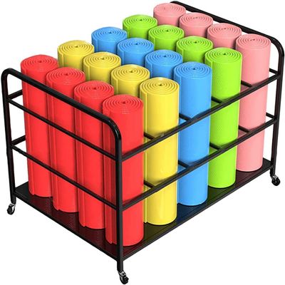 DELORM Large Yoga Mat Storage Cart with Wheels, Floor Metal Yoga Mat Holder Basket, Gym Foam Rollers Organizer, for Gym/Yoga Studio Hold 20 Exercise Mats
