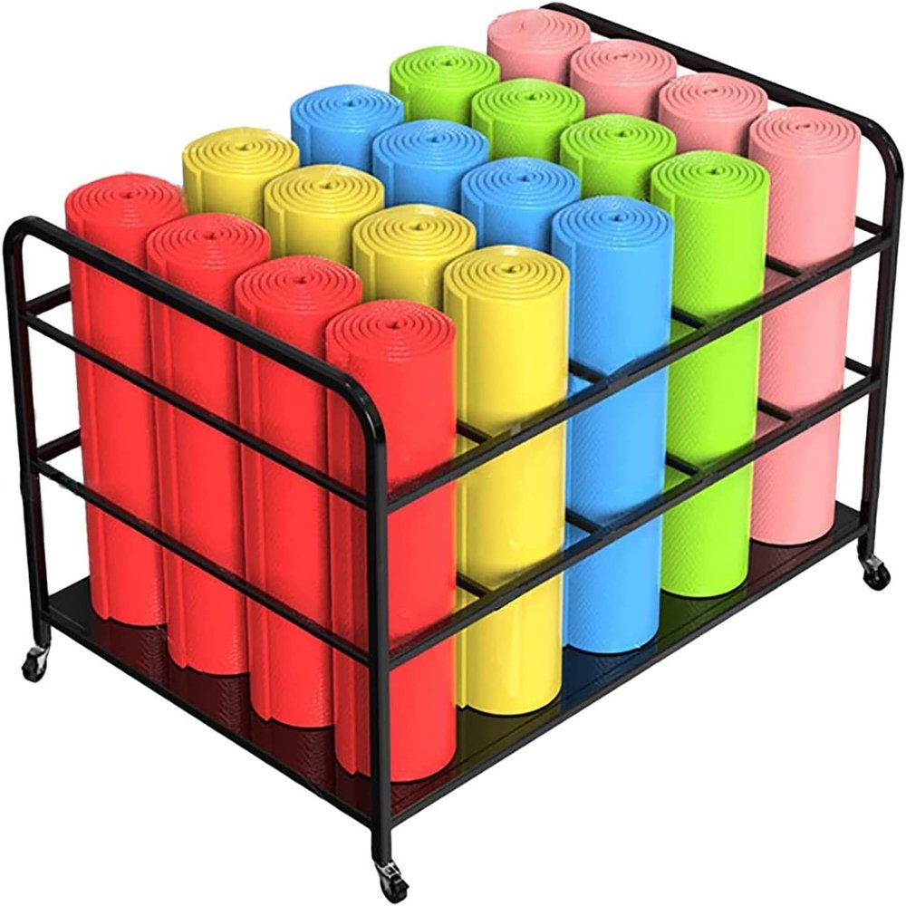 DELORM Large Yoga Mat Storage Cart with Wheels, Floor Metal Yoga Mat Holder Basket, Gym Foam Rollers Organizer, for Gym/Yoga Studio Hold 20 Exercise Mats