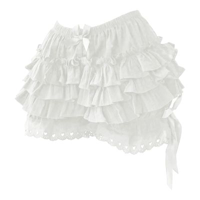 ACSUSS Womens Tiered Frilly Bloomers Shorts Bowknot Ruched Culottes Maid Cosplay Ruffled Panties for Halloween White X-Large