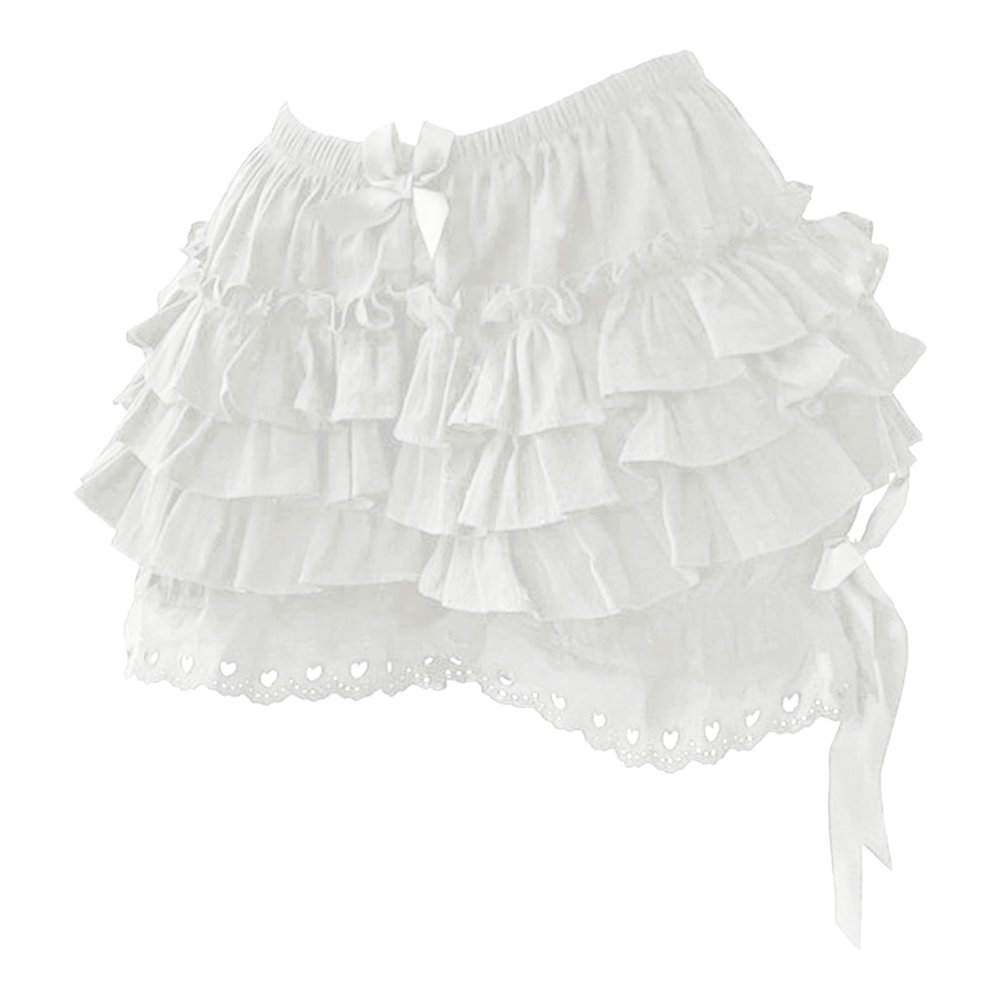 ACSUSS Womens Tiered Frilly Bloomers Shorts Bowknot Ruched Culottes Maid Cosplay Ruffled Panties for Halloween White X-Large