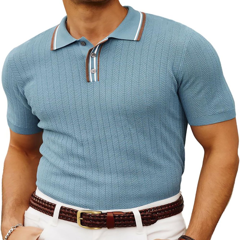 PJ PAUL JONES Men's Knitted Polo Shirts Short Sleeve Classic Fitted Textured Polo Sweaters Italian Knitwear for Movie Blue XL
