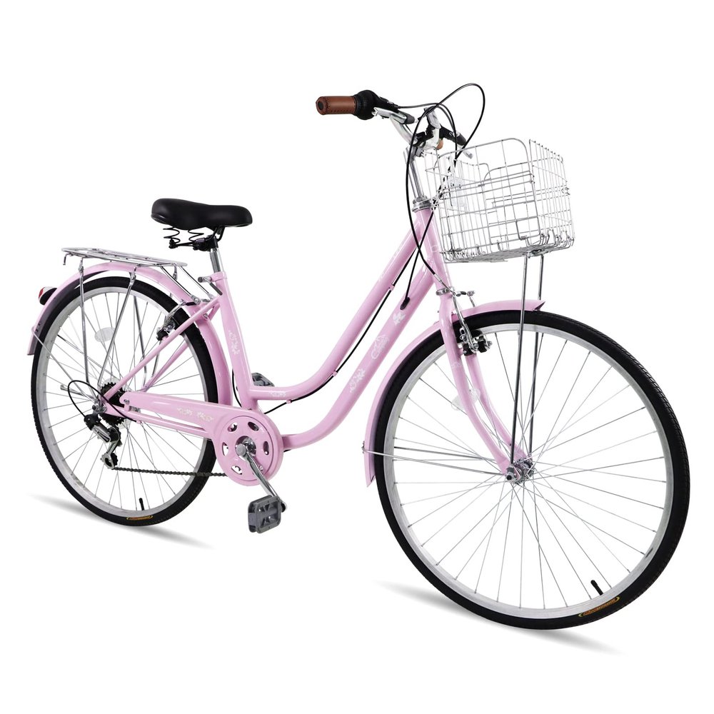 Ktaxon Women Bike 24/26 Inch Bicycles for Women, Beach Cruiser Bike with Premium Derailleur & Shift Lever, Adjustable Seat, High-Carbon Steel Frame and Excellent Welding Technology (26" Pink)