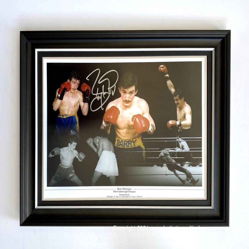 Barry McGuigan Hand Signed Autograph Boxing Memorabilia Montage Photo In Luxury Handmade Wooden Display & Certificates of Authenticity